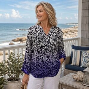 Chico's Button Up Blouse Women's 0 Purple Animal Print Leopard Roll Tab Sleeve